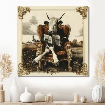 Vintage Cow Reading On A Chair In The Meadow - Cow Wall Decor